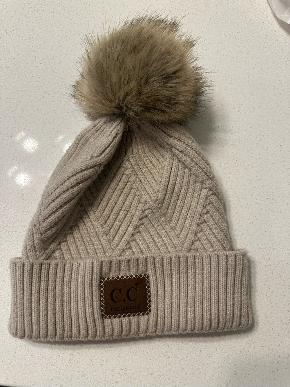 C.C Knit Chevron Pom Beanie in Light Taupe